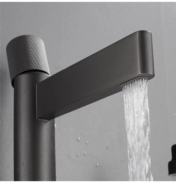 Латунный серый смеситель для раковины, смеситель для горячей и холодной воды, смеситель для раковины в ванную комнату, смеситель для раковины с изливом водопада, смеситель для ванной комнаты с одним отверстием