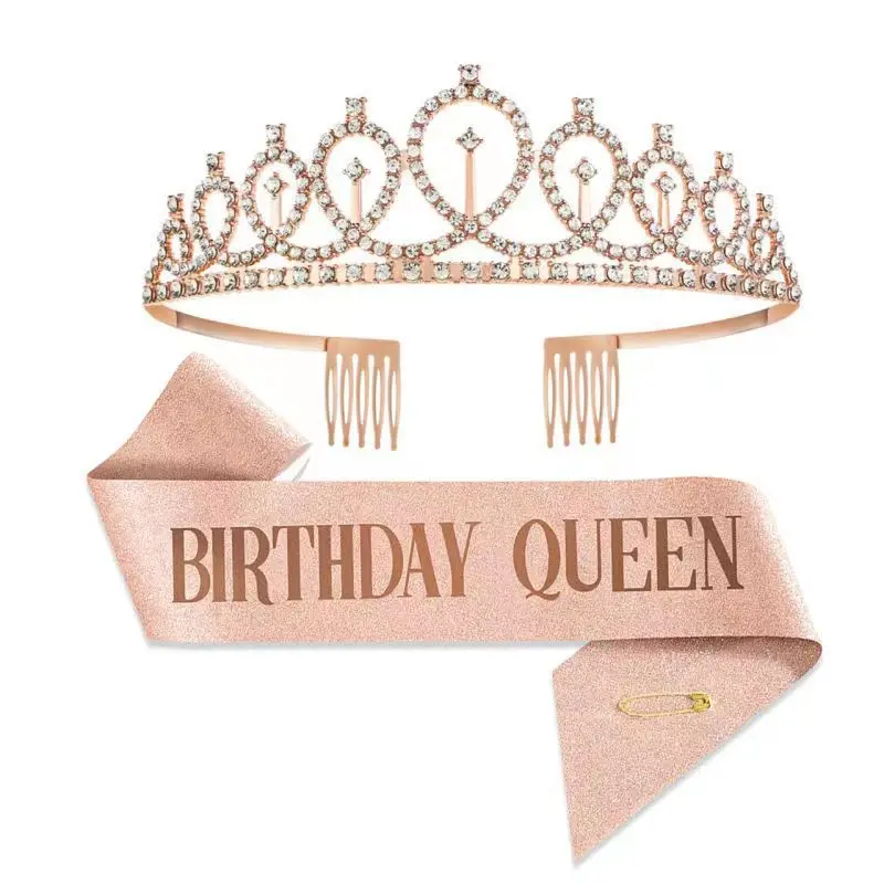Wholesale Hot Sale Birthday Crown Decorations Birthday Queen Sash Rhinestone Hair Accessories Headband Crowns