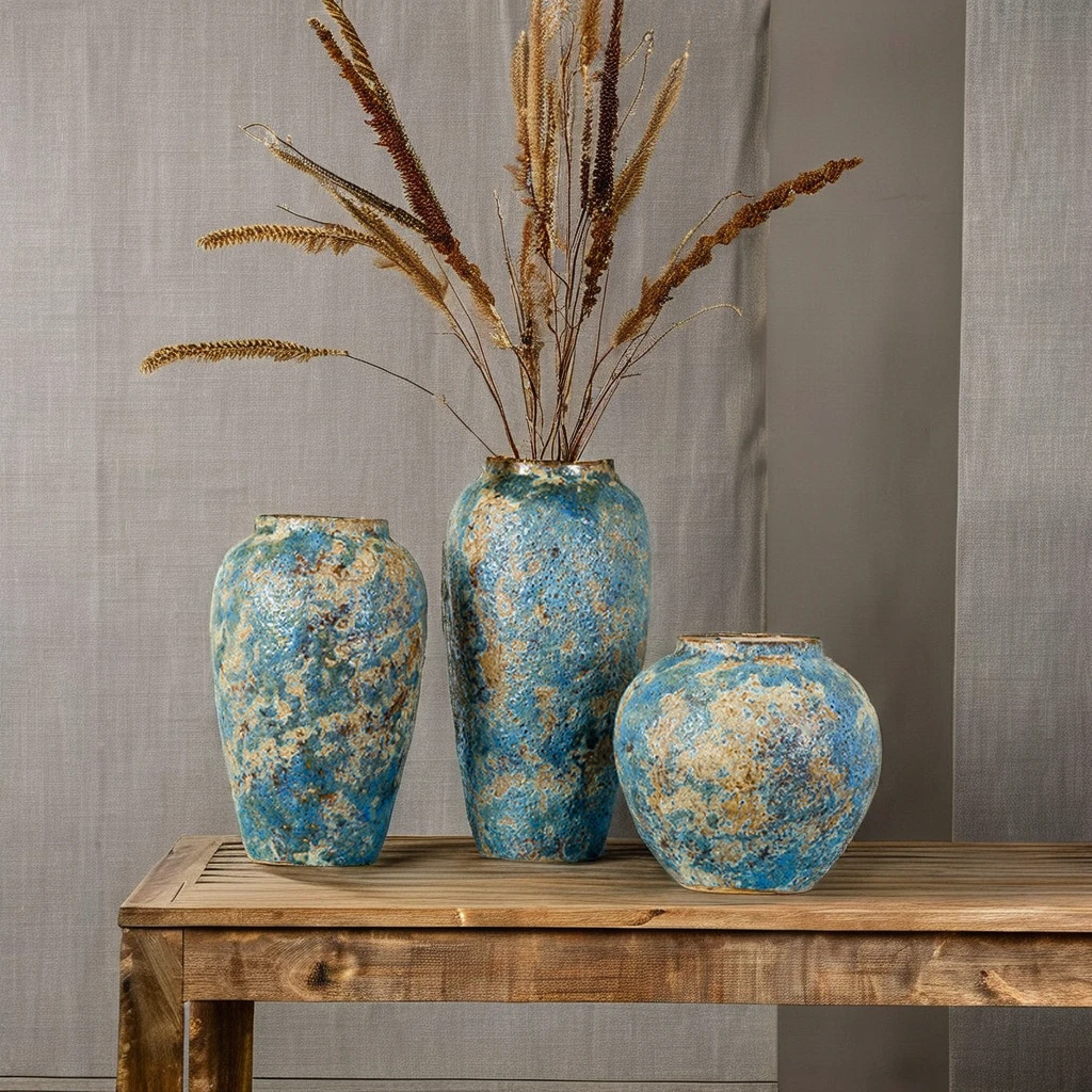 Vintage Simple Ceramic Flower Arrangement Vase Hand-Crafted Antique Coarse Pottery Modern Indoor Tabletop Decor for Hotels