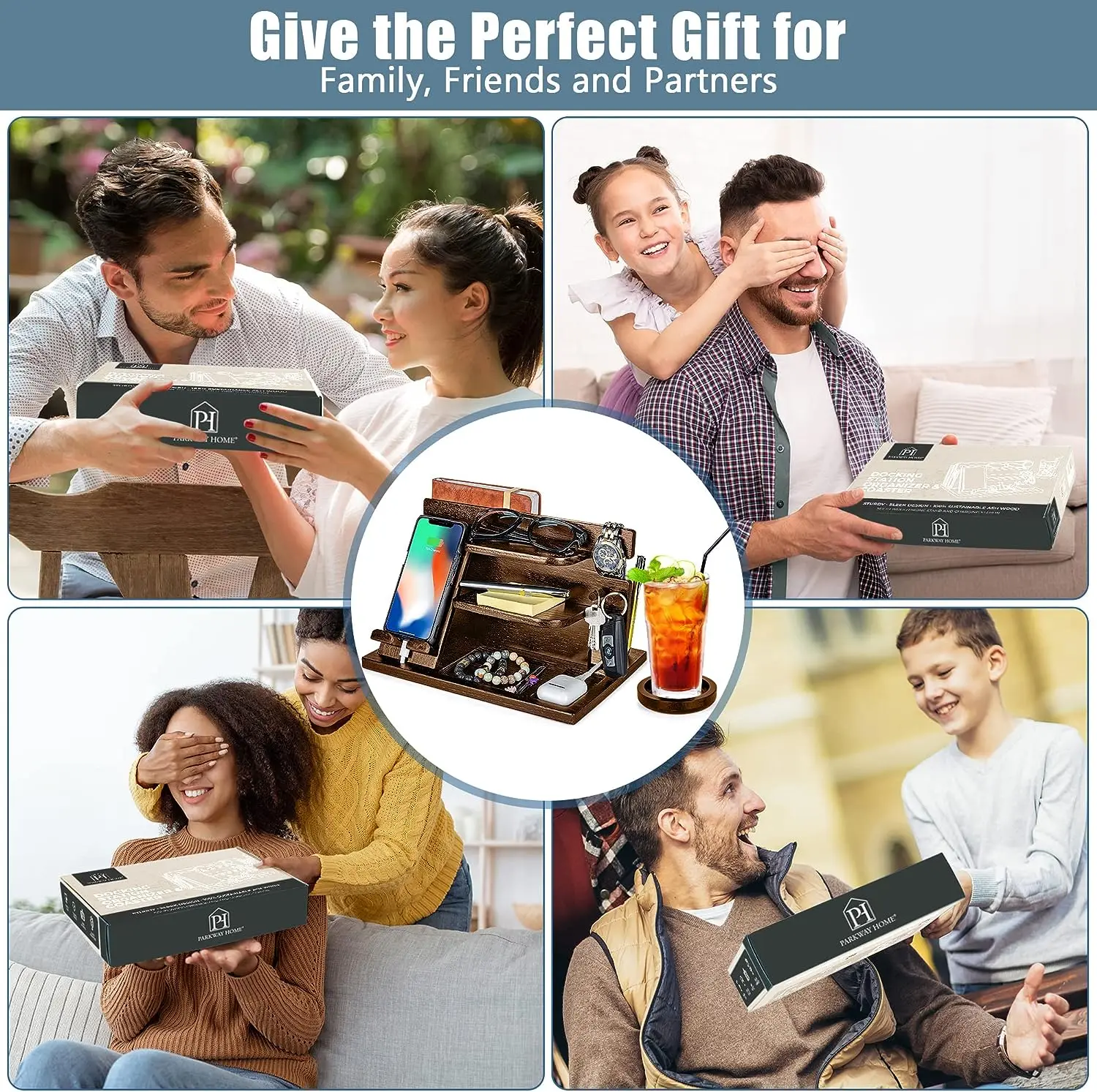 Wooden Ash Valet Tray Bedside Caddy Nightstand Organizer Wood Phone Docking Station For Men