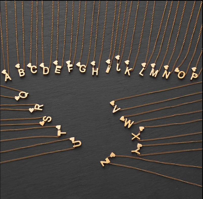Exquisite Simple Stainless Steel Women Custom Chain Necklace Alphabet Letter Heart Pendant Necklace