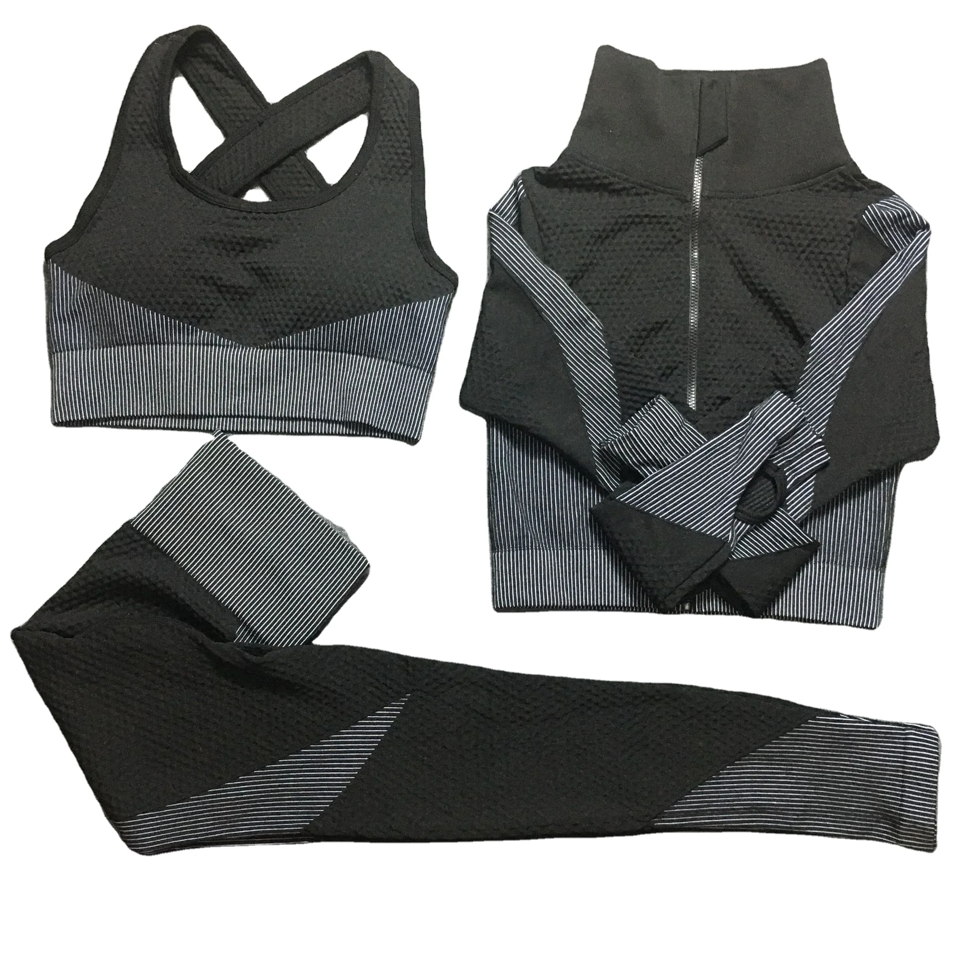 2Pcs Long Sleeve  Sports Seamless Gym Leggings Crop Top Jacket Fitness Sportswear Tracksuit Women Yoga Set