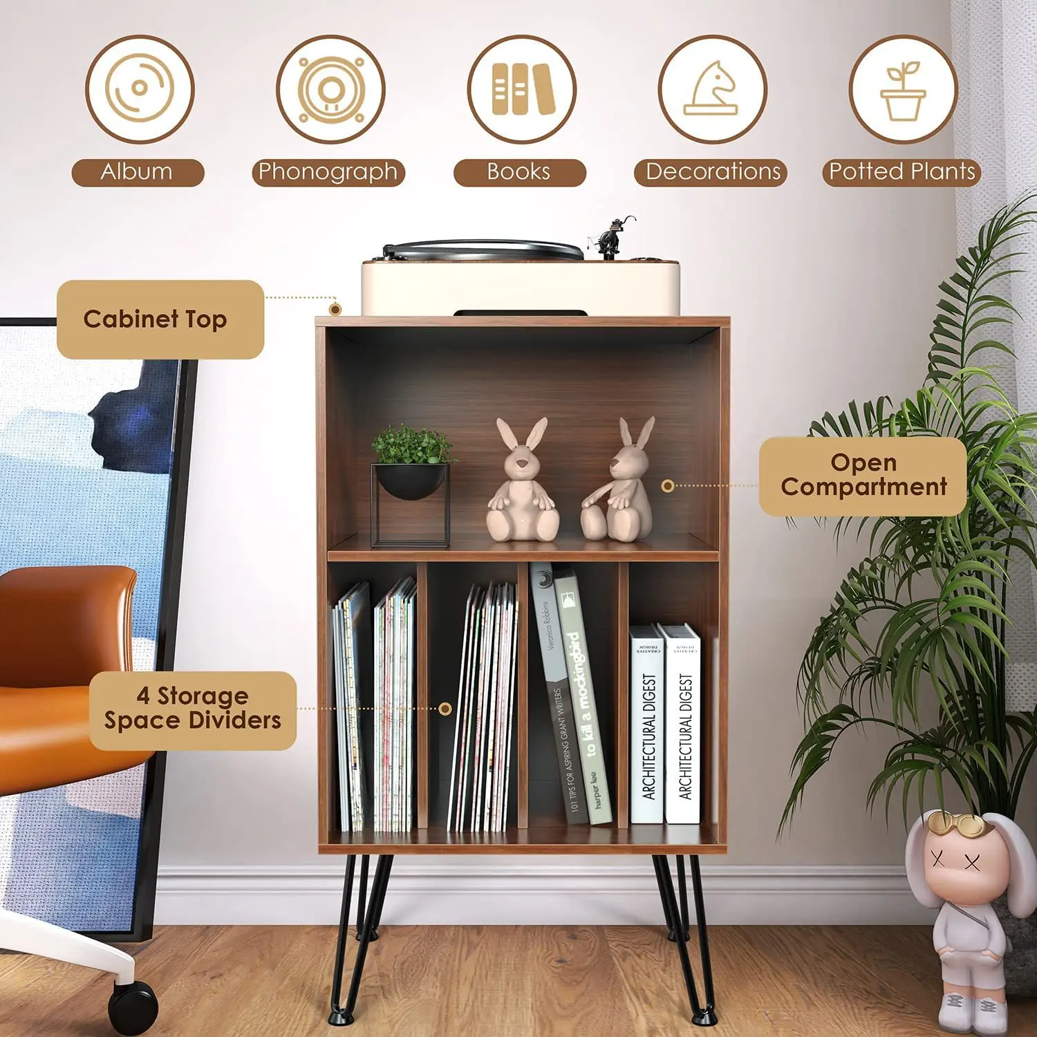 Record Player Stand with Vinyl Storage Turntable Stand Holds Up to 150 Albums Record Player Table Cabinet with Metal Legs