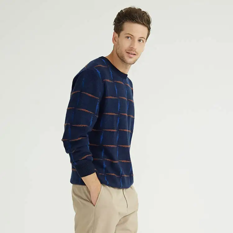 Mens Intarsia 100% Recycled Cashmere Knit Sweater Winter Crew Neck Pullover Jumpers For Men China Knitwear Manufacturer