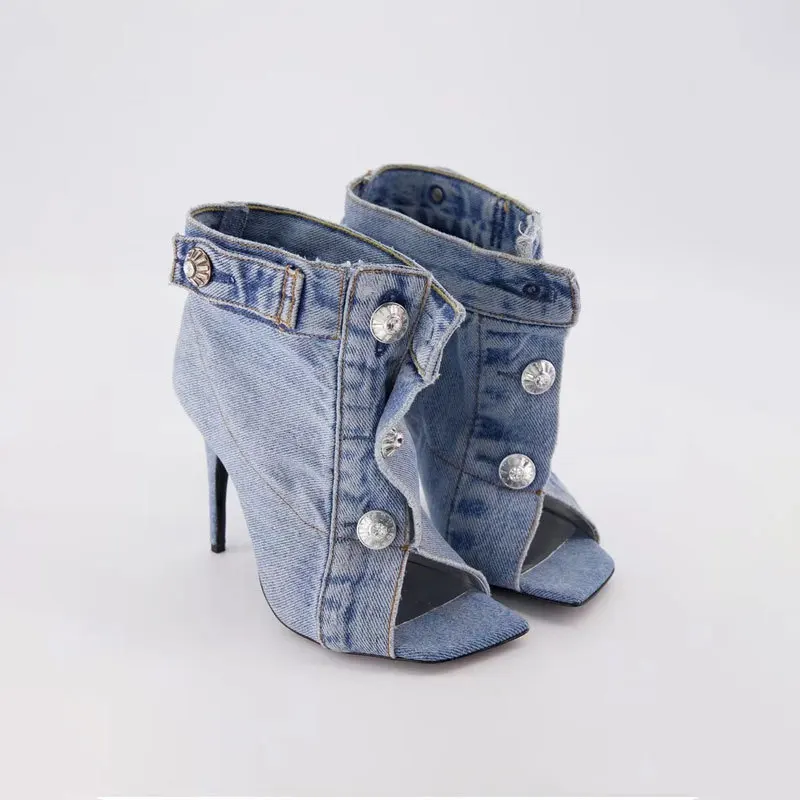 Summer Square Open Toe High-Heeled Short Boots Denim Ankle Boots Stiletto Sandals Buckles Jeans Women Shoes