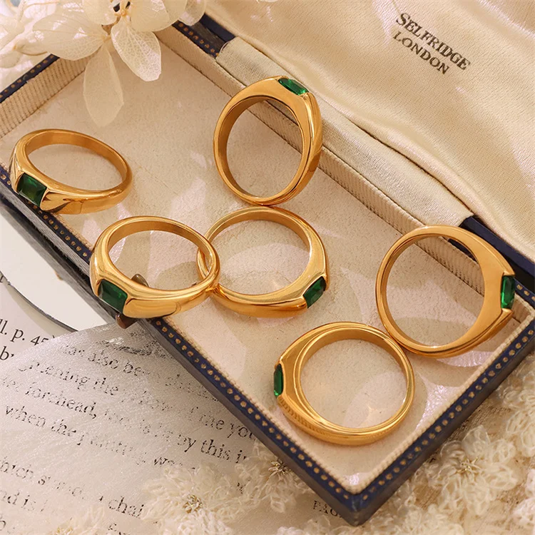 classic style emerald green stone ring stainless steel pvd gold chunky finger rings jewelry women