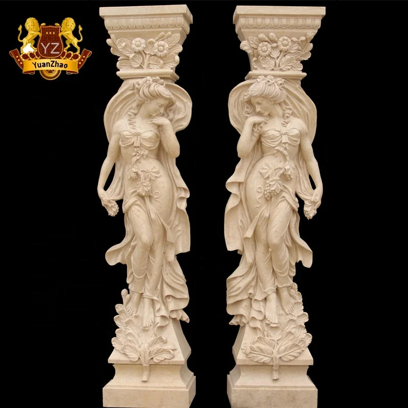 Building Material Exterior Natural Stone Columns Prices Natural Beige Marble Lady Roman Flower Columns Pillar For Sale
