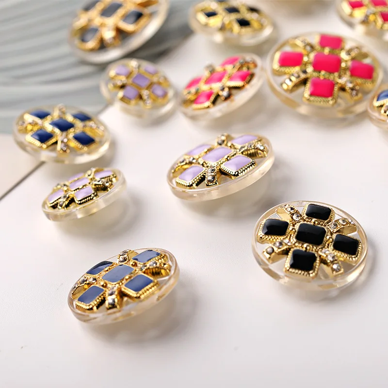 Sewing Round Shiny Rhinestone Resin Metal Shank Buttons For Clothes