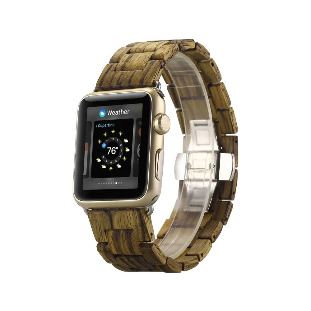 CRESTED strap For Apple Watch band 42mm/38mm iwatch series 5/4/3 Natural Wooden Butterfly buckle wrist bands Bracelet belt