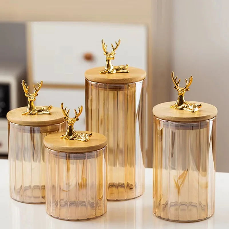 630ml/760ml/950ml/1100ml Kitchen Food Tea Coffee Bar Gold deer Glass Storage Jar With Gold Deer Airtight Bamboo Lid