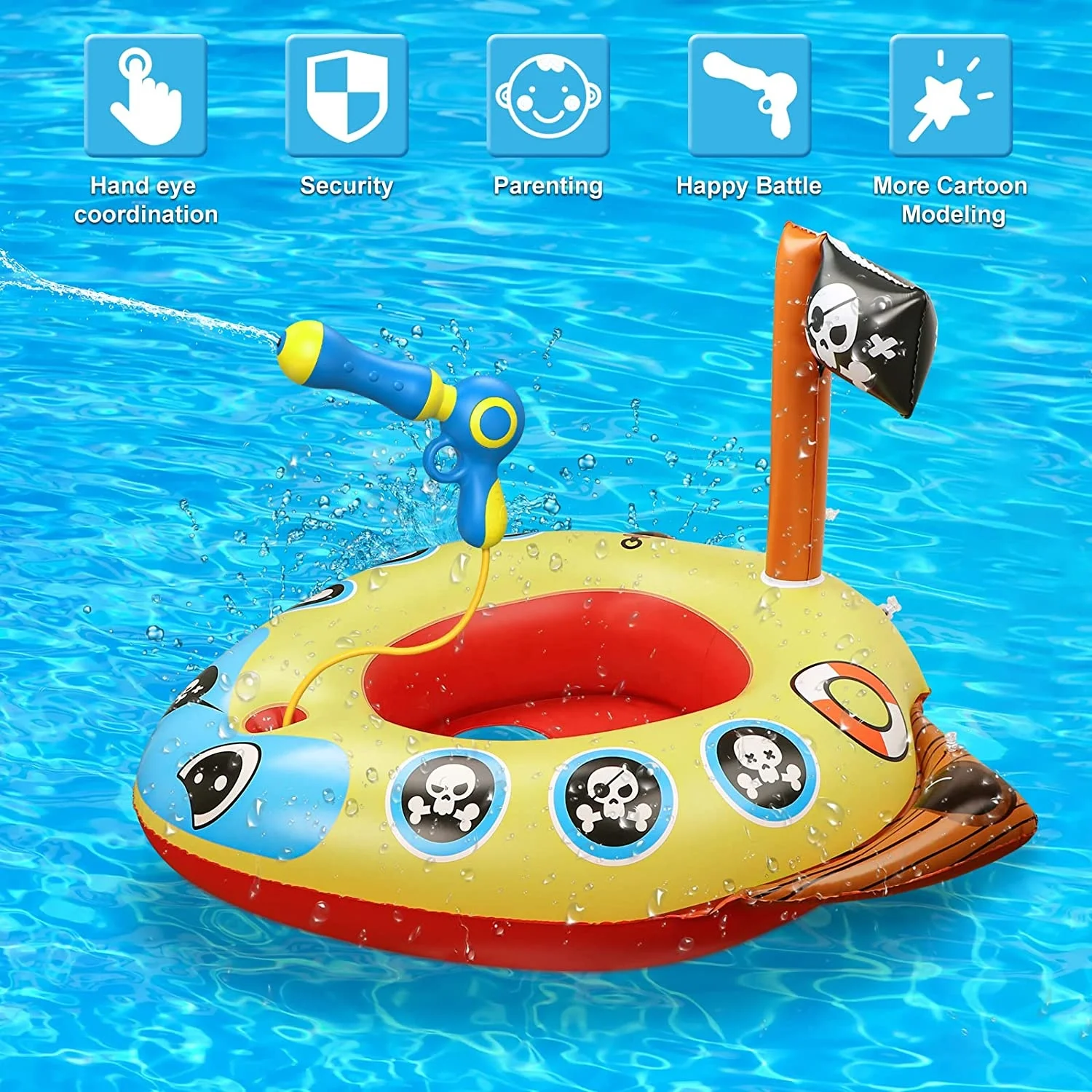 Inflatable PVC Pool Float with Built-in Water Gun Kids 3+ and Family Summer Fun Pirate Boat Swimming Pool Toys for Parents