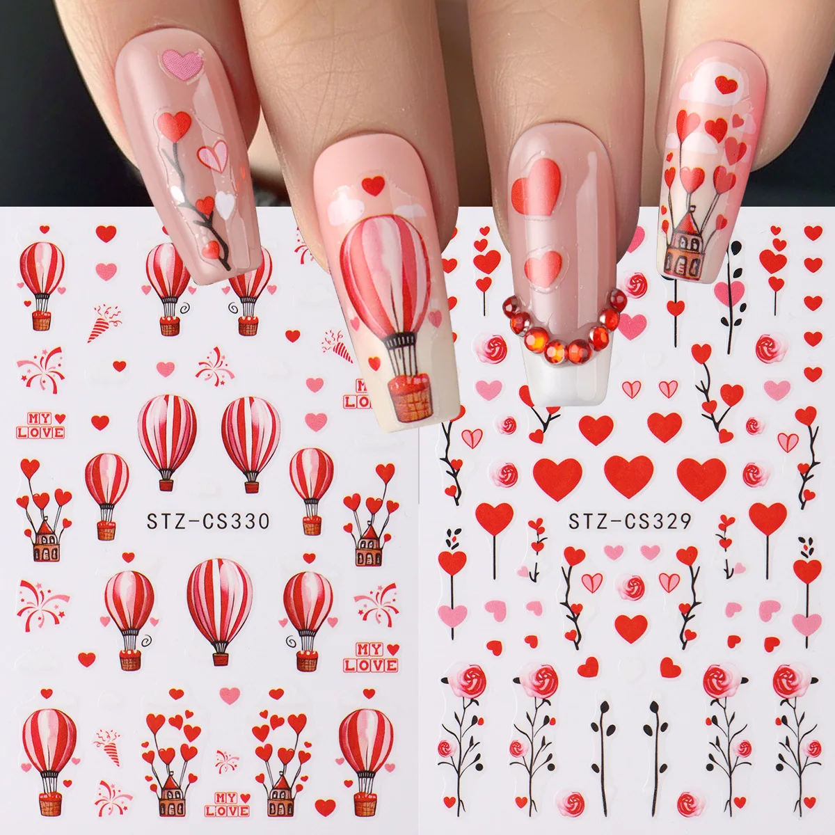Hot selling STZ red heart love rose flower fake nails stickers accessory nail design valentines