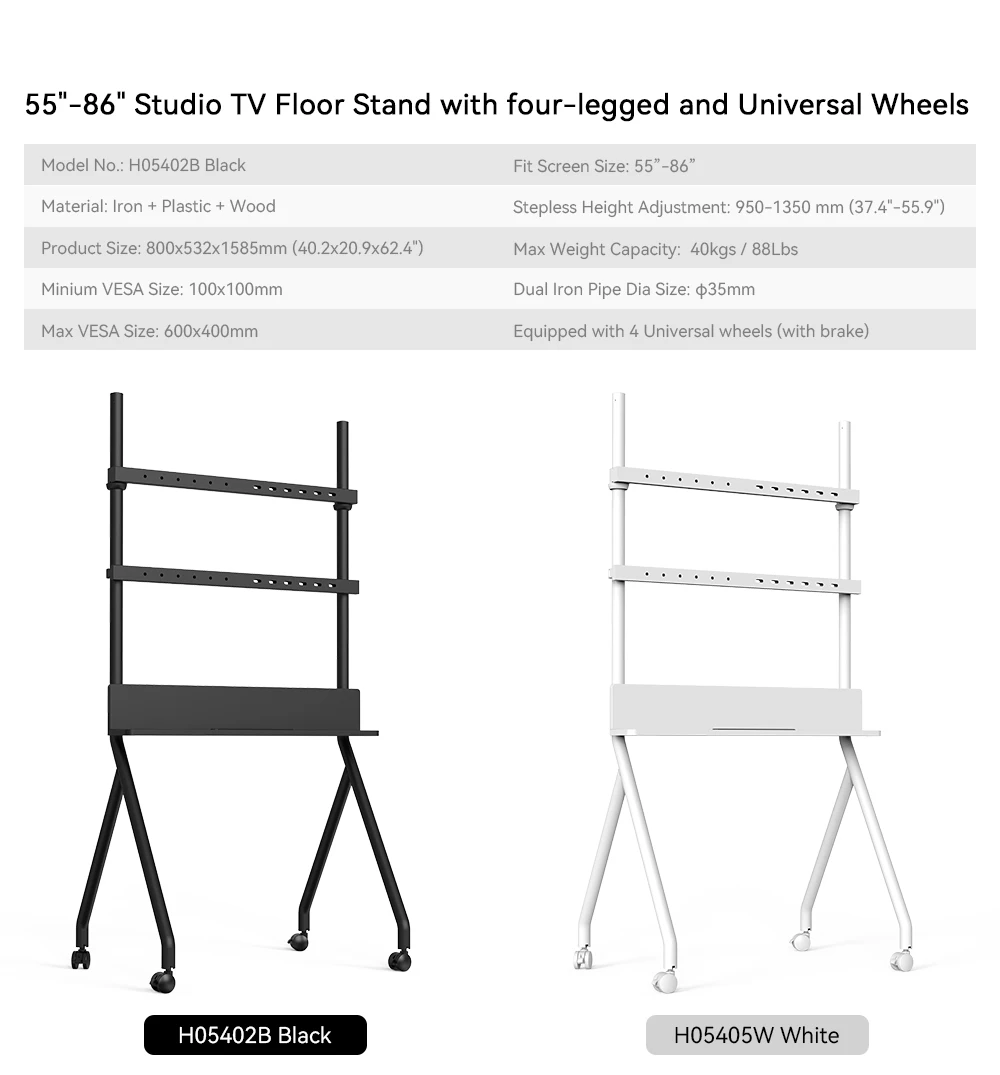 Mobile TV Cart Rolling Floor Stand Lockable Wheels Height Adjustable Trolley 55-86 inch interactive whiteboard tv display stand