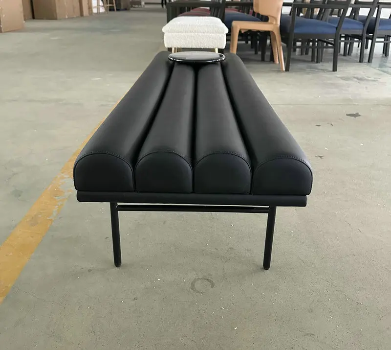 black popular leather luxury long benches High density sponge  living room comfy stool bedroom bed end metal feet stool bench