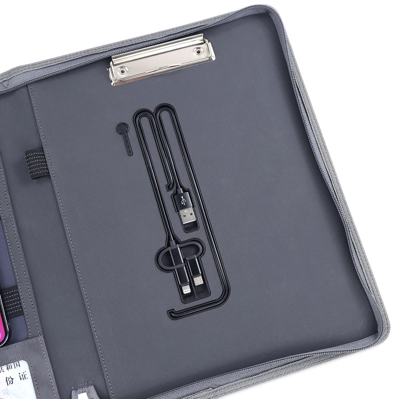 Custom design a4 leather pu zipper portfolio business file folder padfolio with phone holder