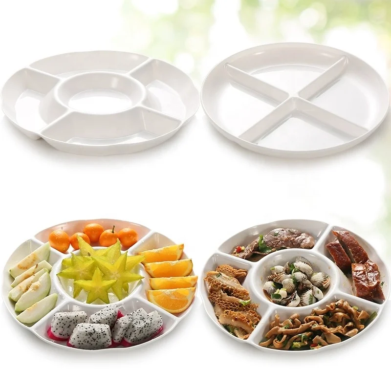 Round Plastic Melamine Fast Food Compartments Divided Lunch Cutlery tray plate for canteen Restaurant