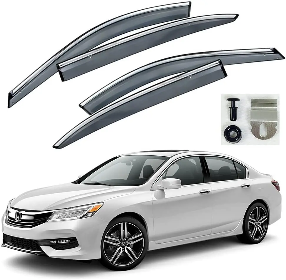 For 2013-2017 Honda Accord Sedan 4 Door  Chrome Trim Smoke Tinted Clip On Window Visor Rain Guard Defector The 9th