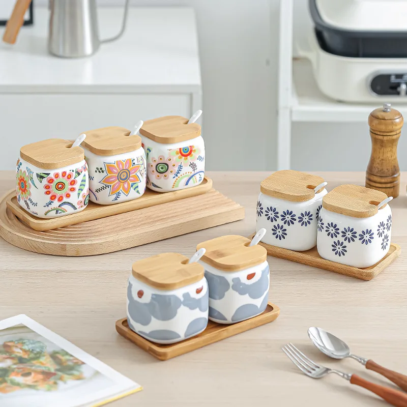 Kitchen Organizer And Storage Container Ceramic Seasoning Cans Salt Pepper Sugar Spice Storage Jars