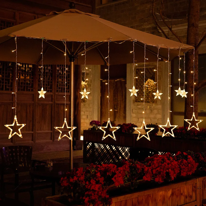 2022 Amazon 3.5M Solar Powered Christmas LED Curtain Lights 138LED Fairy Lights 8 Modes Outdoor Star String Light For Wedding