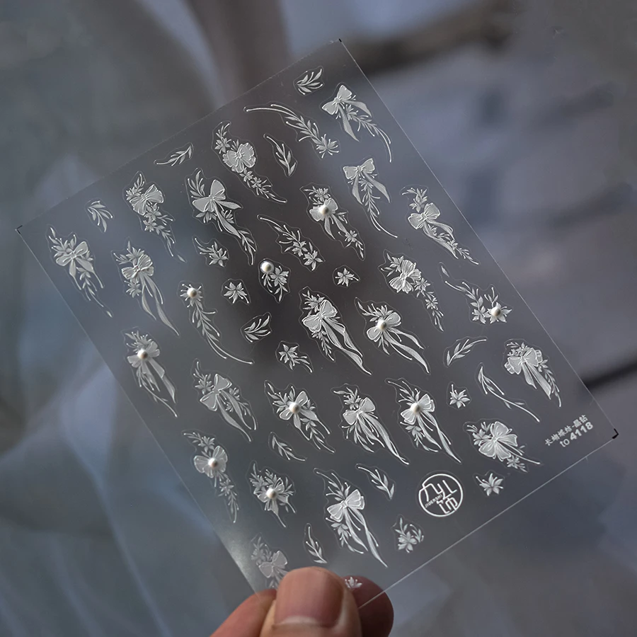 New arrival nail sticker adhesive 5d emboss crystal diamond pearl white ribbon nail decals