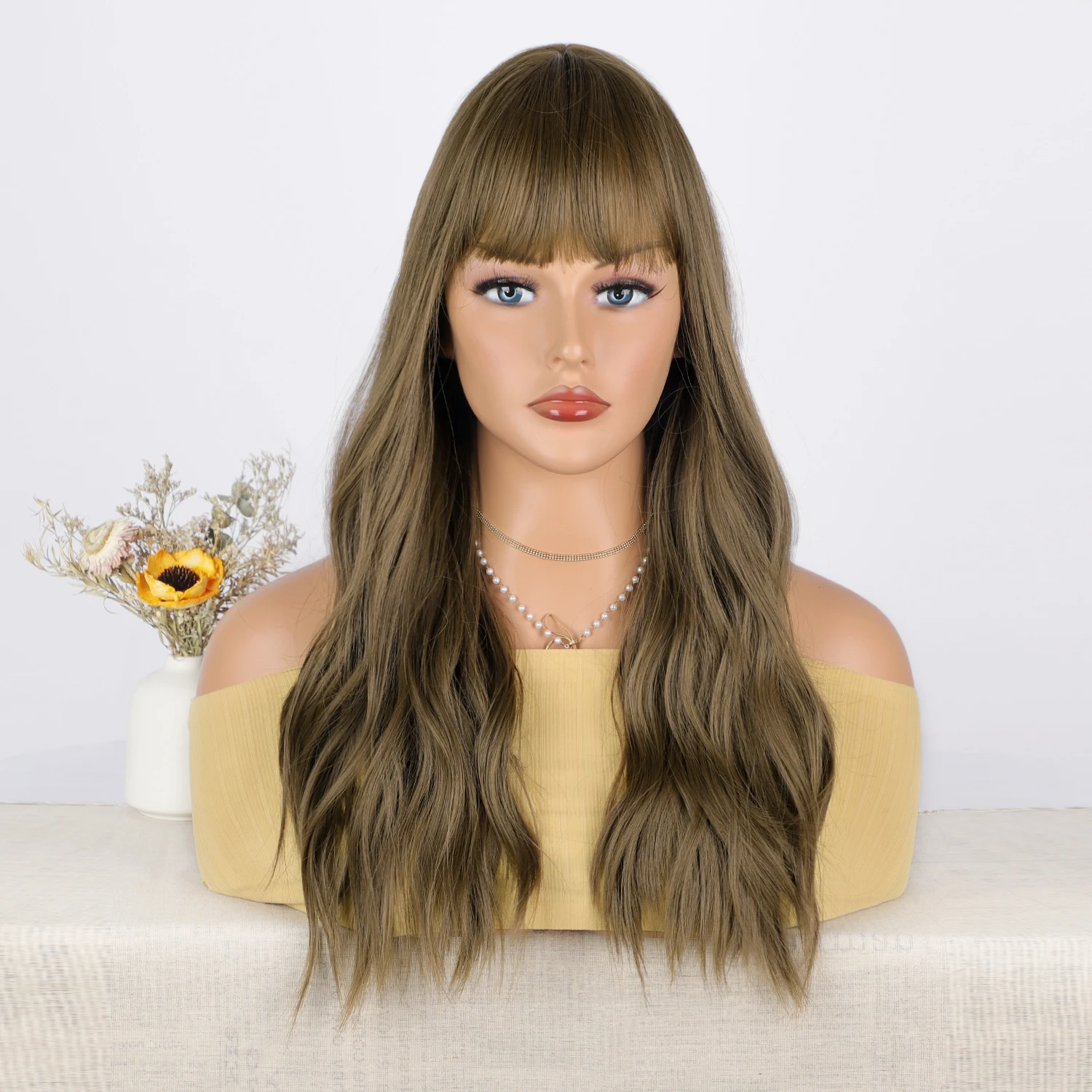 Wholesale Cheap Long Curly Middle Part Wigs with Bangs Good Price Water Wave Synthetic Heat Resistant Fiber Wig for Women