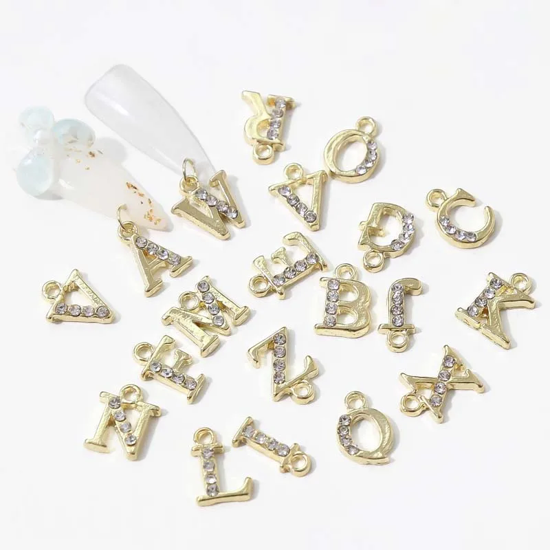 3D Gold Alloy Metal Word Pendant Nail Jewelry Letter abc Alphabet Dangle Nail Charms