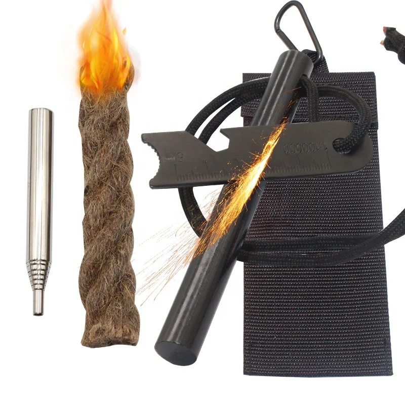 Emergency Fire Starter Kit Tactical Survival Fire Tool Set Paraffin Hemp Tinder with Nylon Hanging Pouch