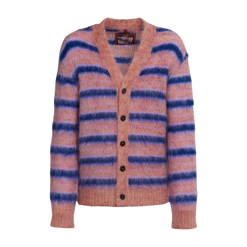 OEM Factory Wholesale Custom Logo Knitted Sweater Stripe V-Neck Mohair & Wool Blend Men Cardigan