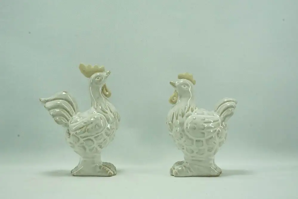 Pristine White Ceramic Cock Pair, Ornate Tail Feather Design, Kitchen Adornment