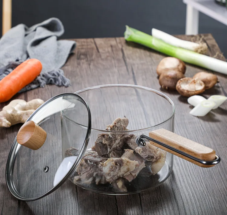 Transparent borosilicate pyrex glass cooking pot glass soup pots with wooden handle