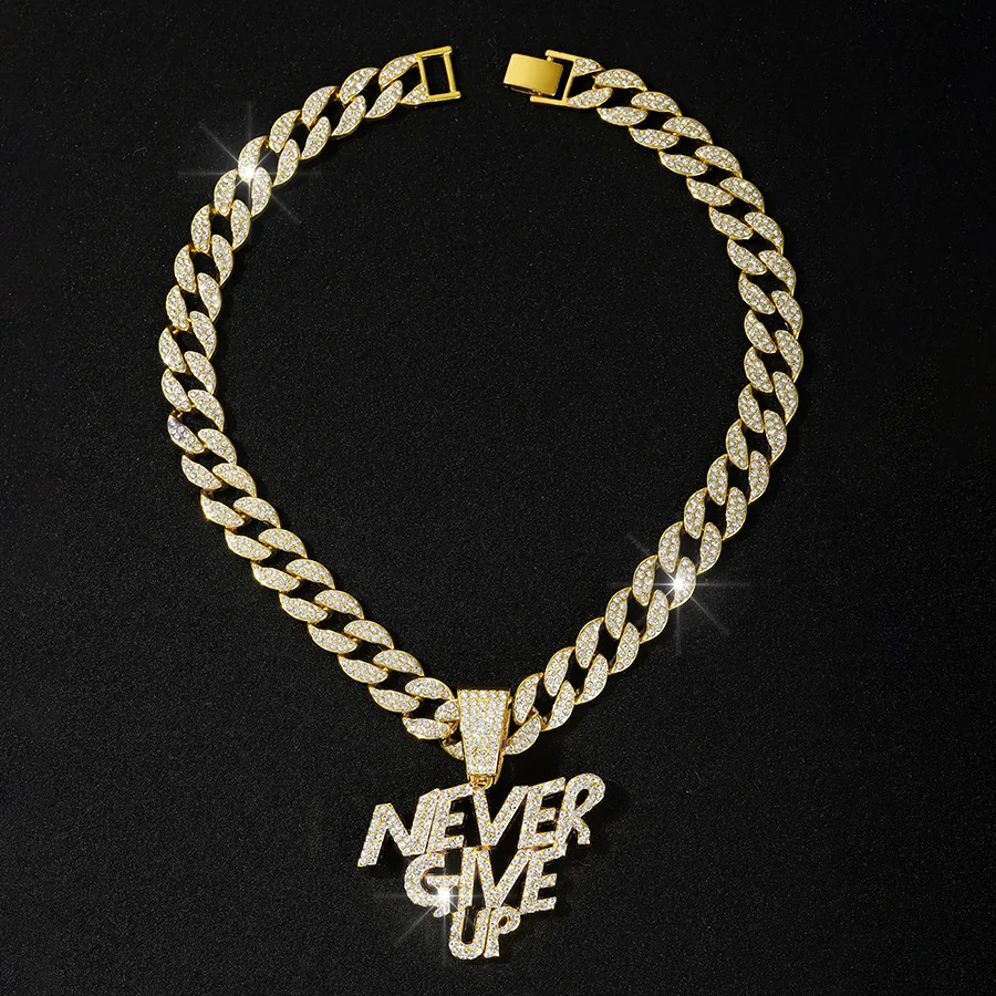 Alloy letters NEVE RGIVE UP Punk pendant Hip Hop men full of diamonds beautiful Cuban chain