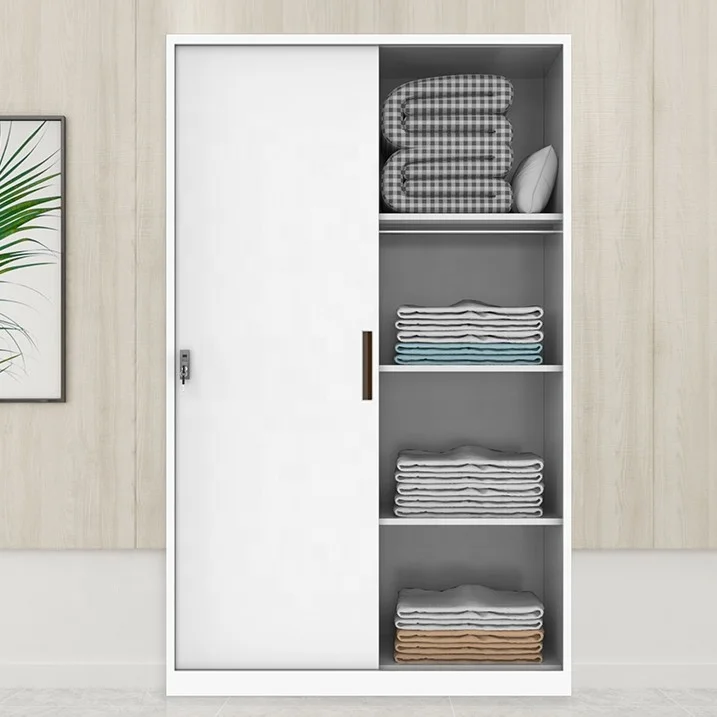 Steel wardrobe almirah 2 sliding door cheap bedroom storage clothes locker wardrobe furniture KD structure steel cabinets