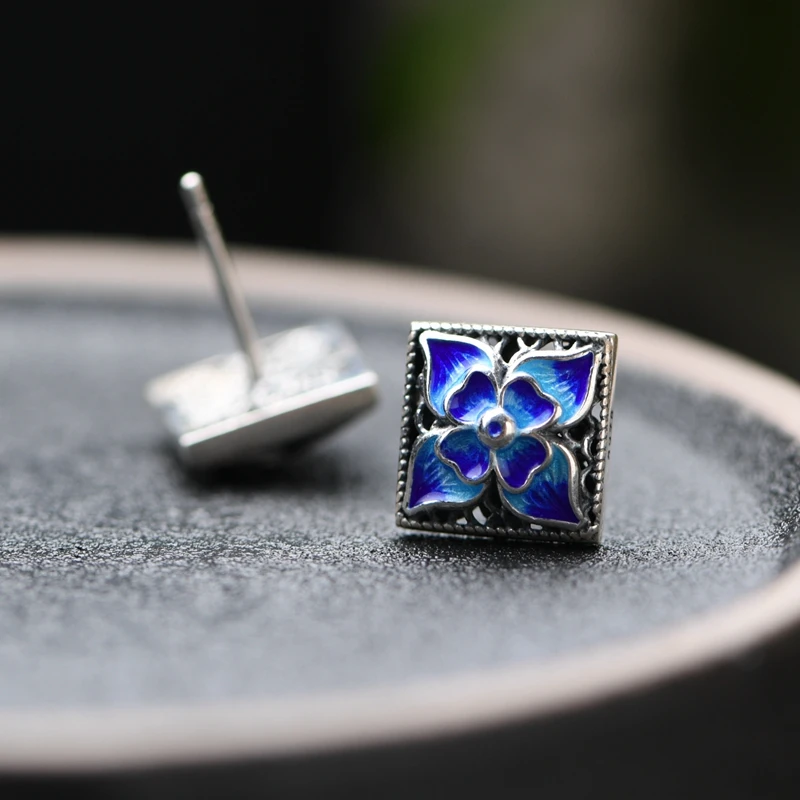 Wholesale real pure S925 sterling silver Chinese Cloisonne fashion Flower jewelry earrings for women Anillos