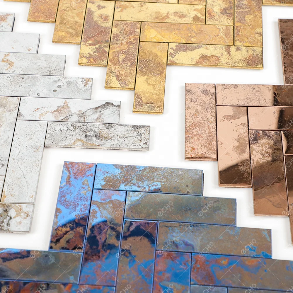 Herringbone Distressed Metal Aged Rust Copper Stainless Steel Peel and Stick Mosaic Tiles