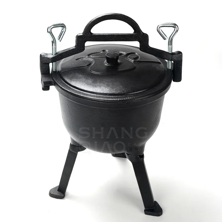 Heavy Duty Cast Iron Pressure Cooker Enameled Hunting Pot Camping Kitchen Cookware Cauldron