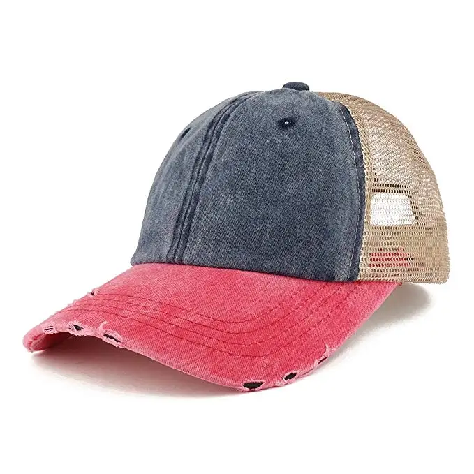 Customized Washed Distressed Vintage Embroidery Printing Cotton Twill And Mesh 6 Panel Hat Trucker Distressed Mesh Baseball Cap