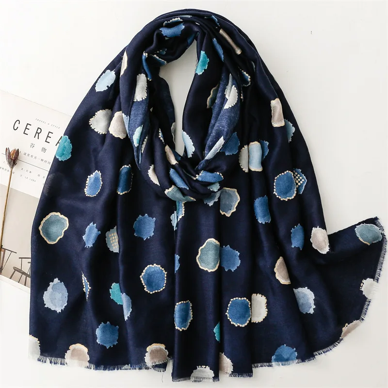 European fashion 180*90cm soft viscose gold foil scarves women print cotton hijabs black and white polka dotted printed shawls