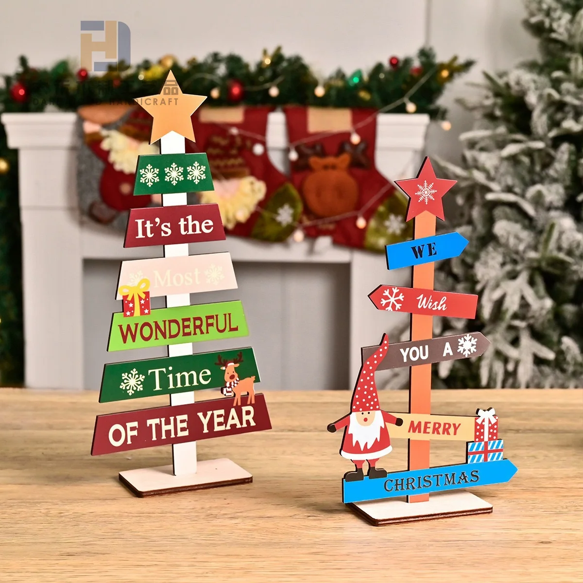 Printed Laser Cut Wooden Christmas Tree with Top Star and Stand for Xmas Tabletop Decor Office Party Ornaments