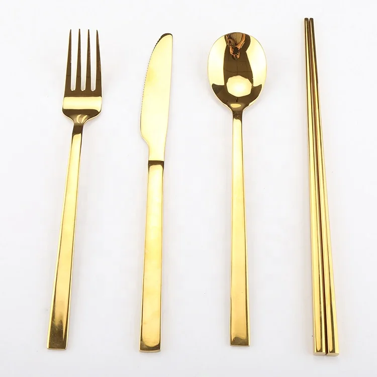 4 Pcs Gold Plated Stainless Steel Tableware set included fork knife spoon and chopsticks
