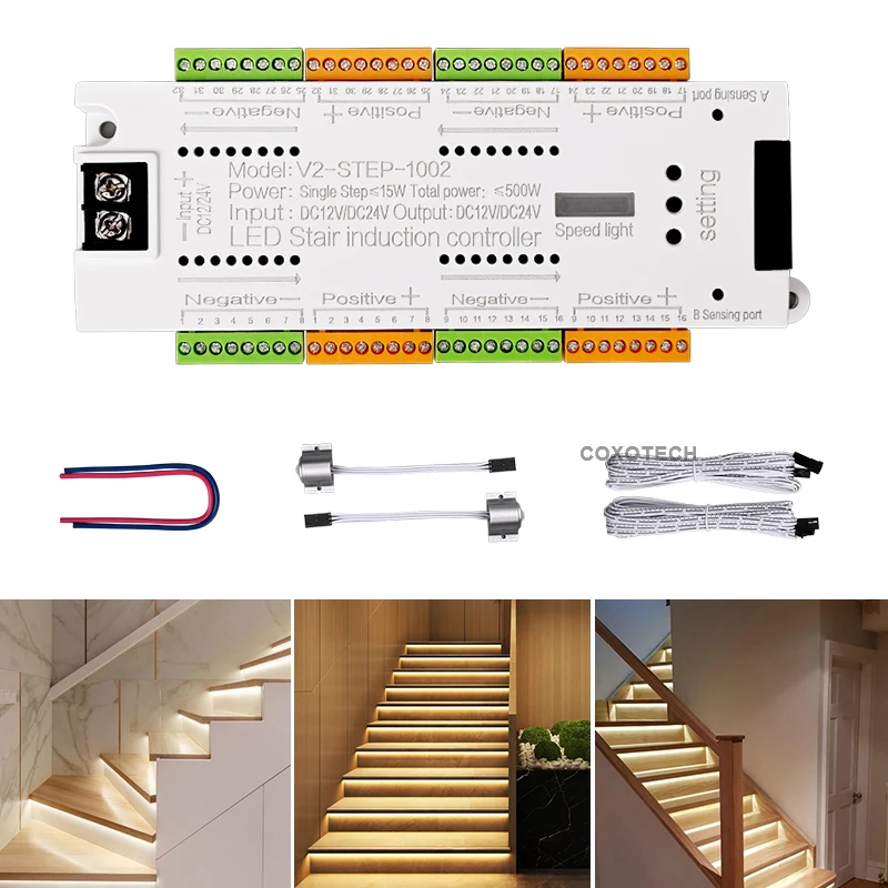 COXO V2 SETP led stair case light 32 step 12v 24v 400W rgb remote with motion sensor stair light controller