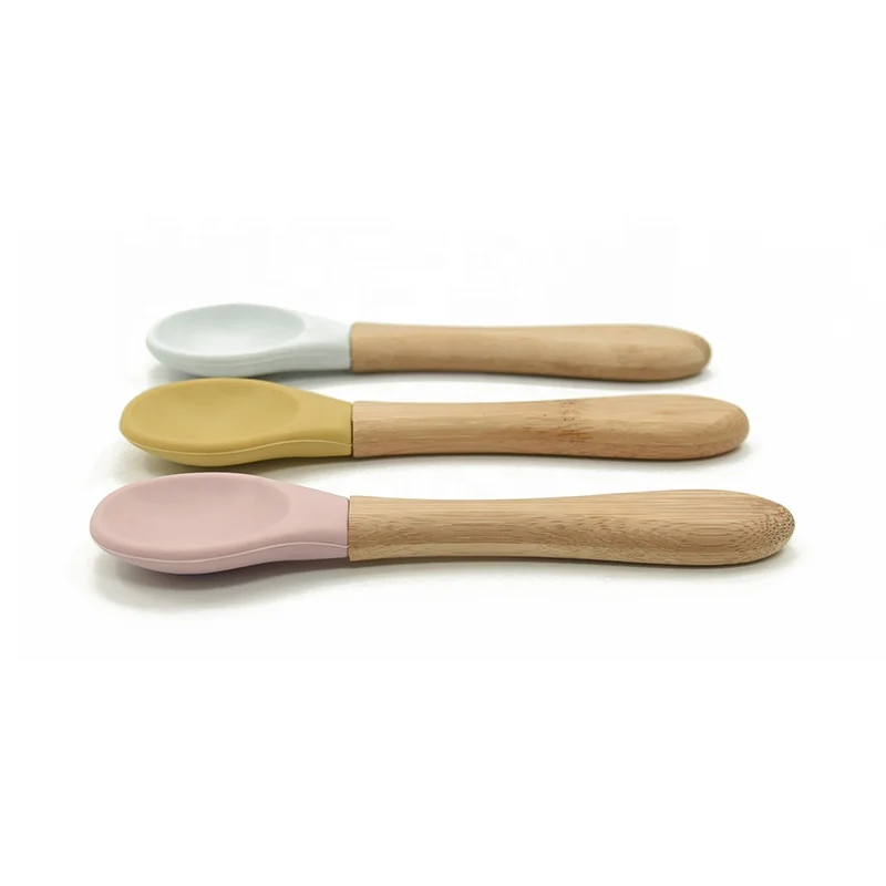 
Wholesale Bamboo or Beech Wood Handle Silicone Soft Infants Self  feeding Baby Spoon 