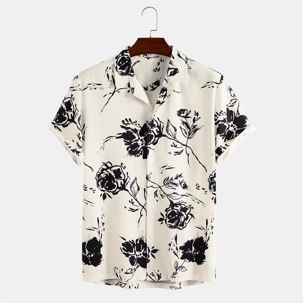 2024 Summer Resort Men Hawaiian Short Sleeve Floral Print Polyester Shirts