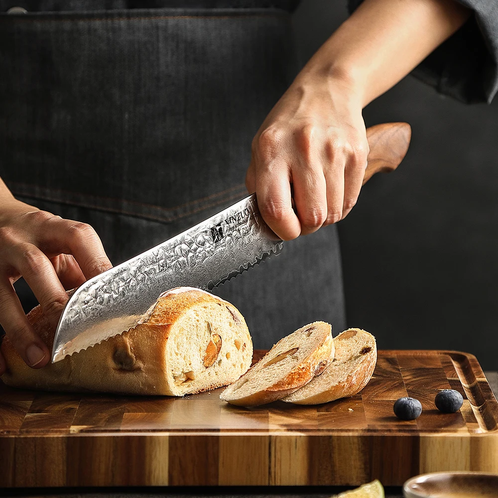 XINZUO New Japanese High Carbon Hammered 67 layers AUS10 Damascus Steel Walnut Wood Kitchen Bread Knife 8 INCH