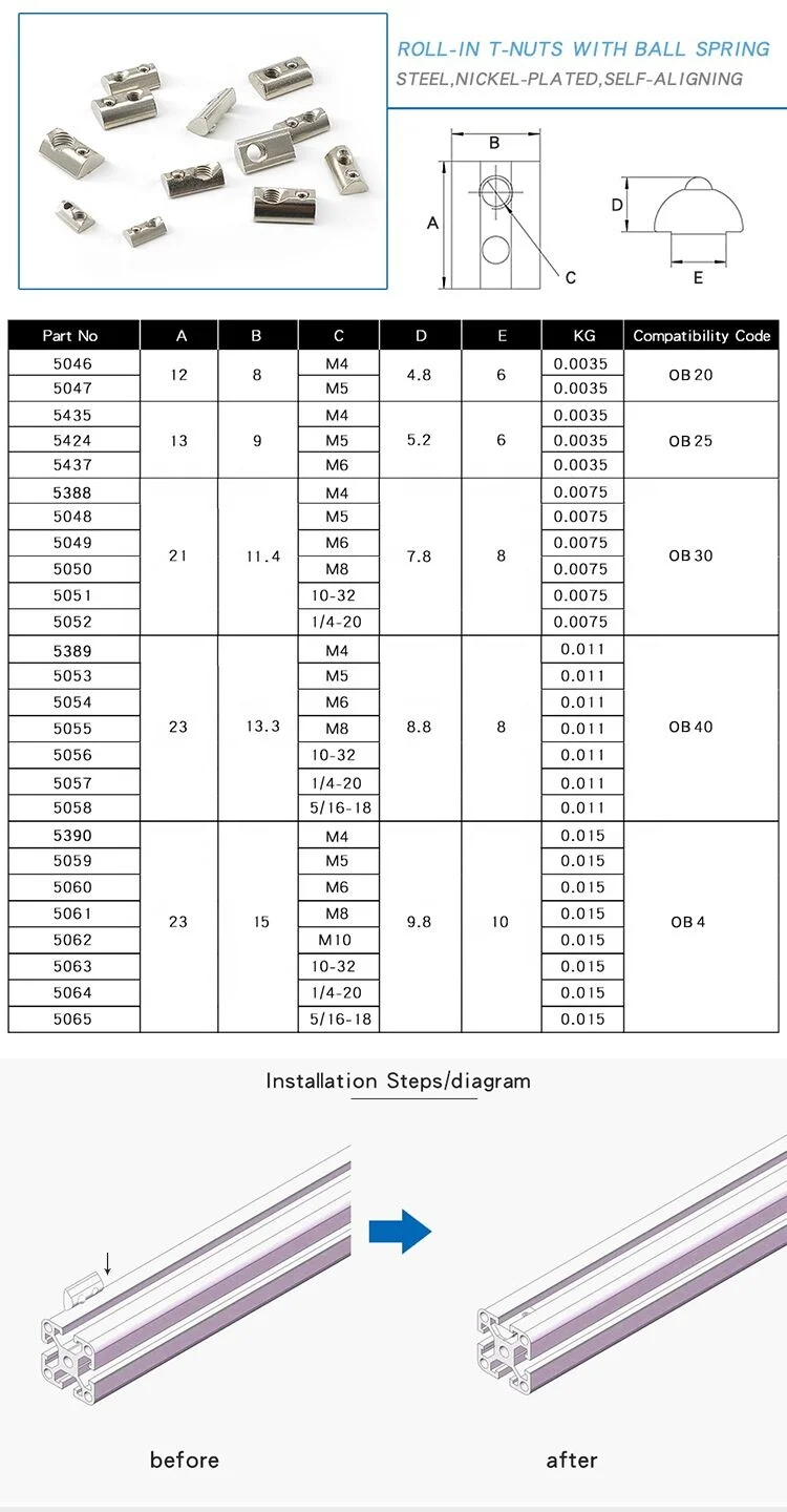 Steel OB40 M8 Roll-in T-nuts with ball spring for aluminium profile