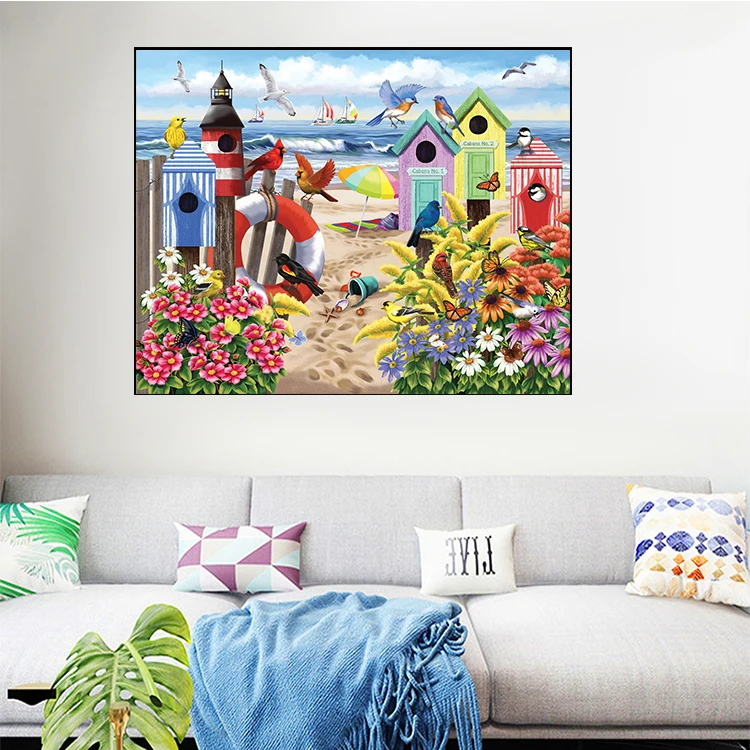 LS Factory custom manual refined short velvet canvas diamond painting kit seashore scenery painting home decor