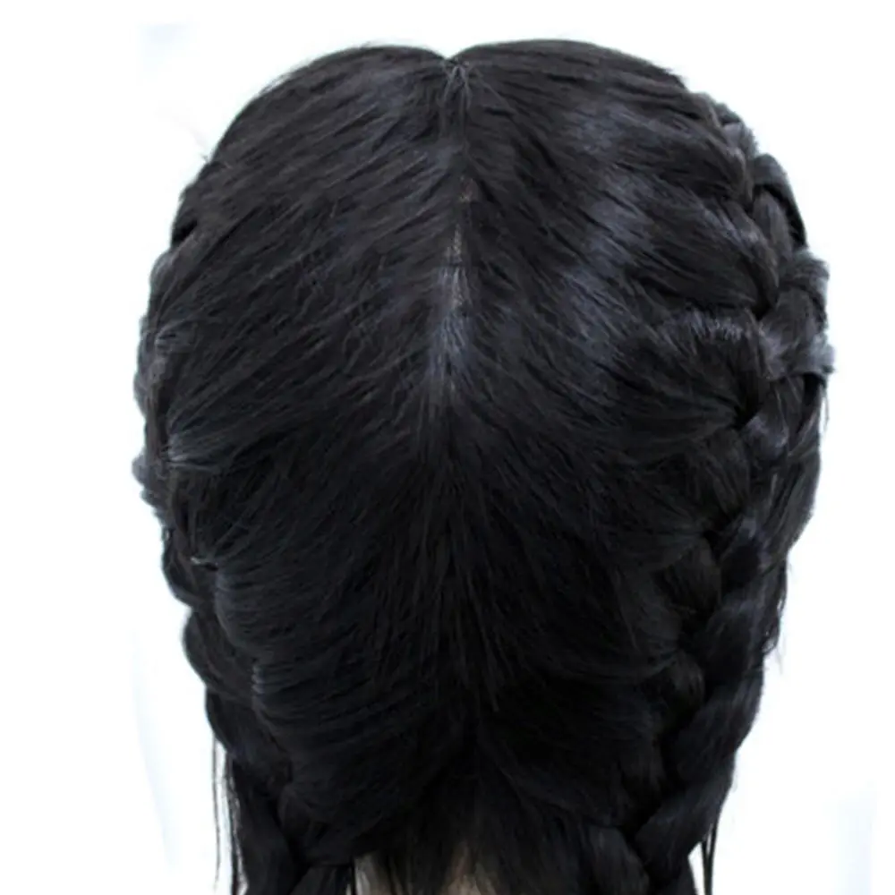 Ladies Fashion Black Double Ponytail Braid Front Lace Braided Wigs Chemical Fiber Headgear Plait Women Wig