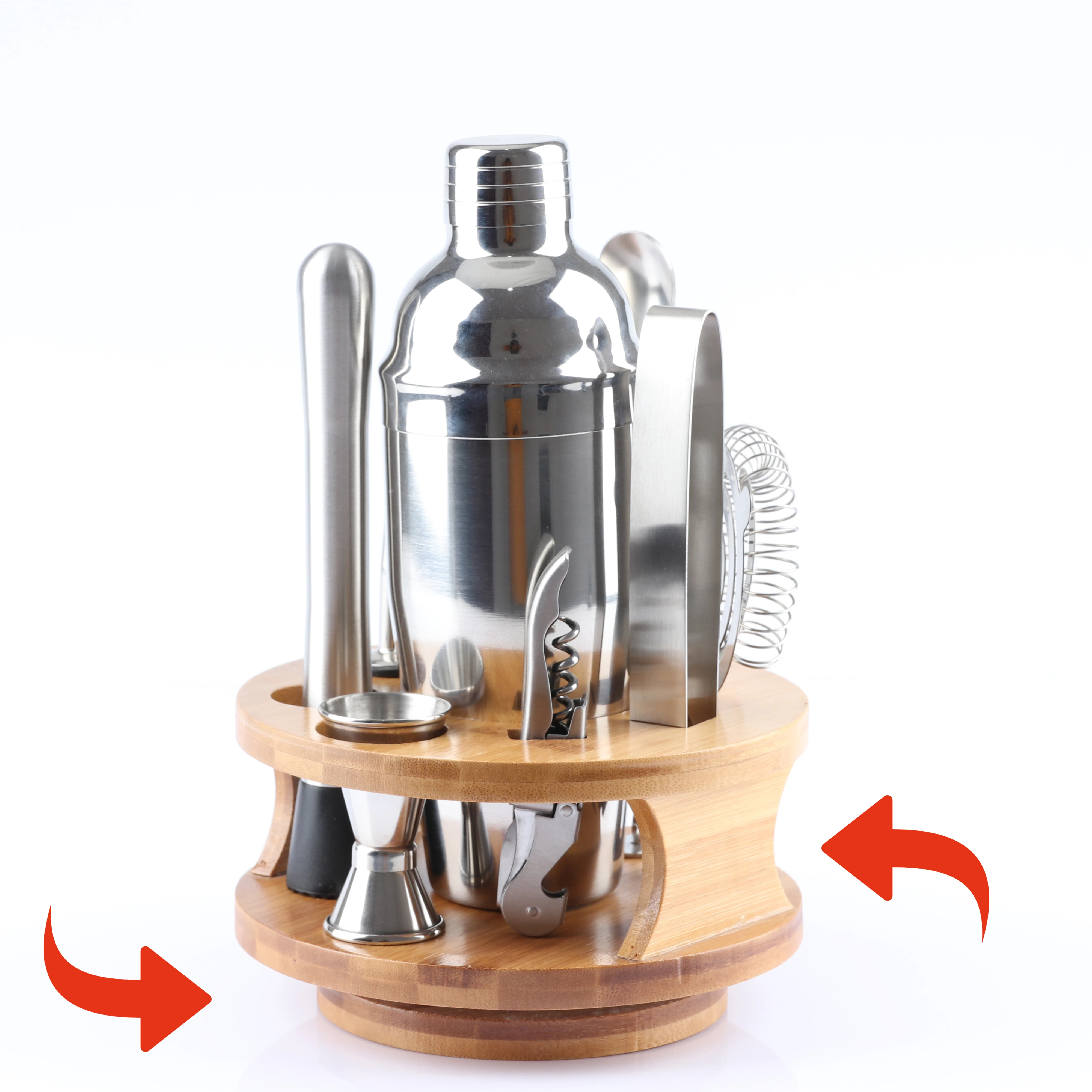 New Product Stainless Steel Cocktail Shaker Set Cocktail Bar Set with  Rotating Wood Stand