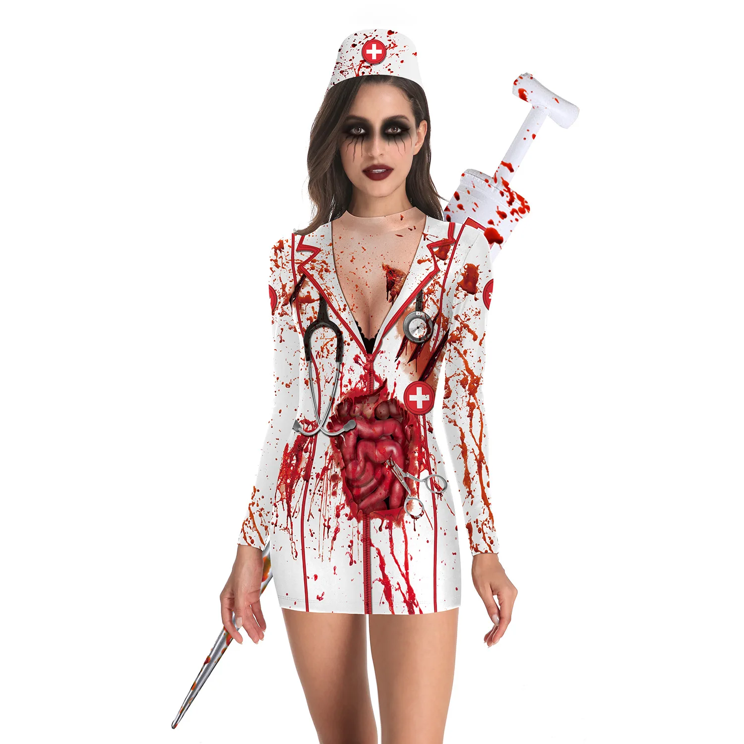 Women Wear  Print 3D  Zombie Nurse  Long Sleeve Dress  Bloody Nurse Cosplay  Halloween Costume