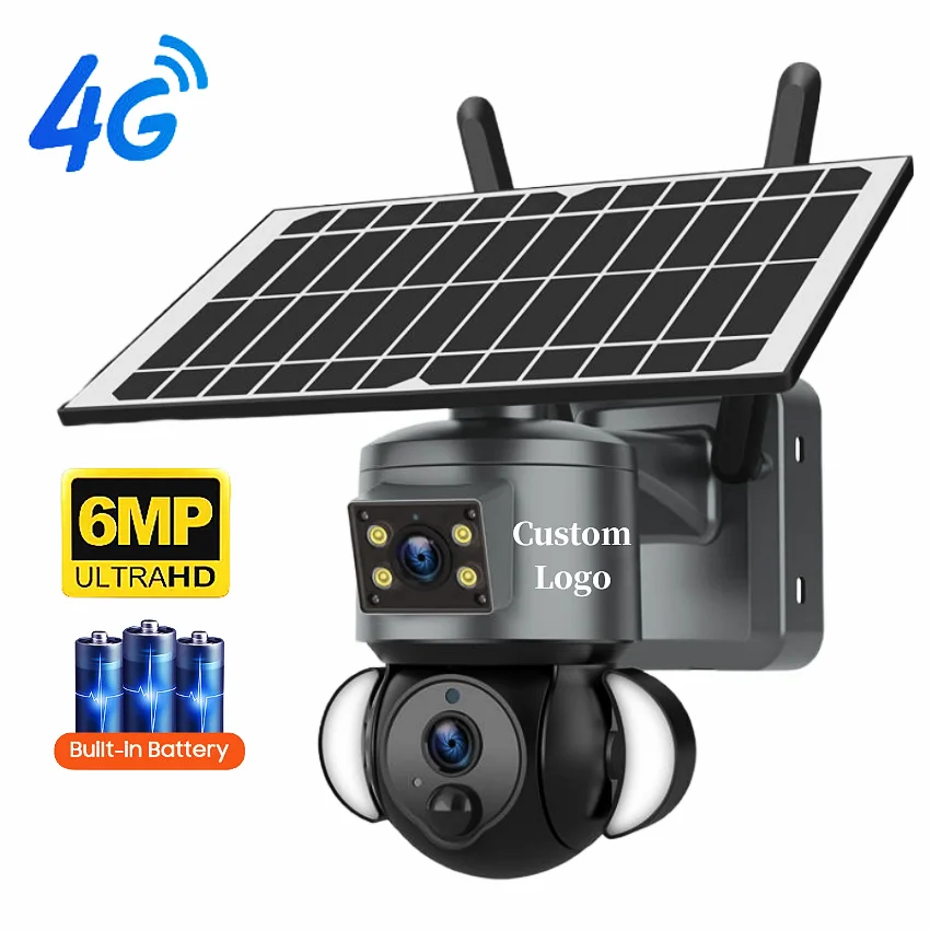 Custom Logo 4G 6MP Panorama PTZ Security System Dual Lens 4G SIM Card Outdoor Solar CCTV Camera