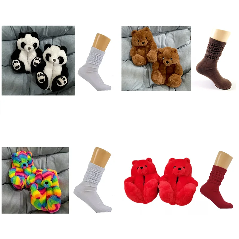 2021 Indoor Lady Shoe Women House Indoor Lady women bear female fur sandals slides winter slipper with matching slouch socks